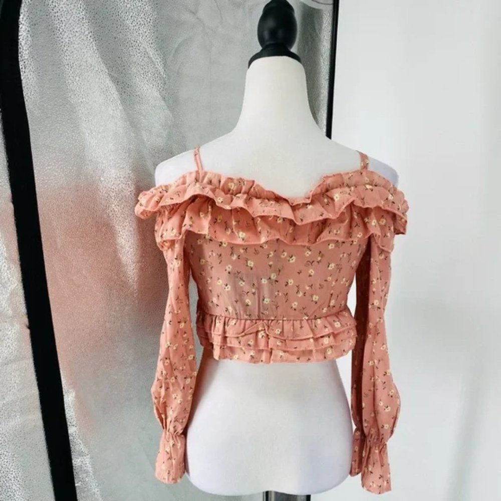 Pink Floral Print Long Sleeve Cold Shoulder Ruffle Crop Top - Picture 13 of 16